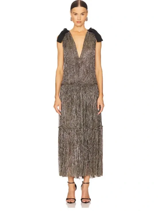 Sabina Musayev Metallic Fringe V-Neck with Shoulder Bows Ray Dress in Gold Sz Md - Picture 1 of 9